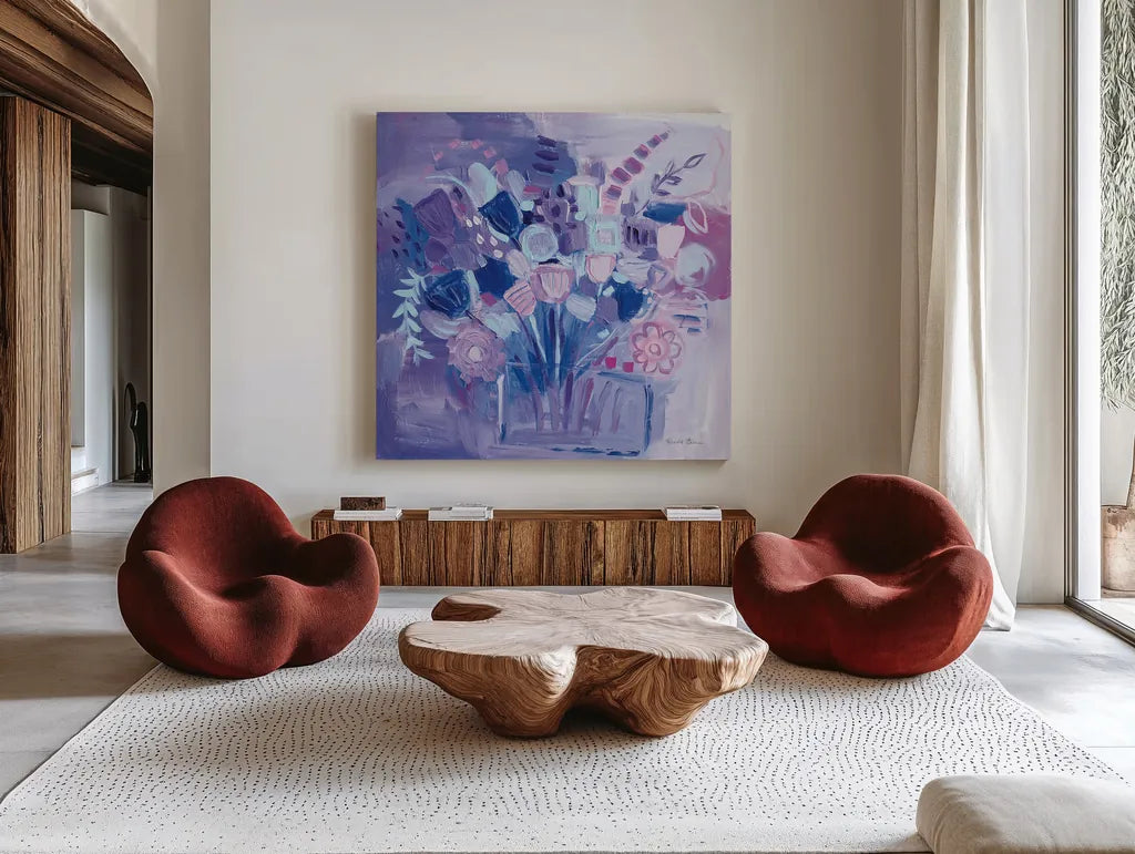 Garden Pastels by Farida Zaman. Shown as extra-large giant wall art in a modern living room. Available as an archival giclee rolled canvas, fine art paper, or poster print. SKU 44834a.