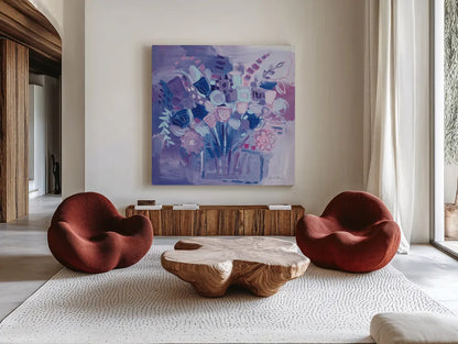 Garden Pastels by Farida Zaman. Shown as extra-large giant wall art in a modern living room. Available as an archival giclee rolled canvas, fine art paper, or poster print. SKU 44834a.