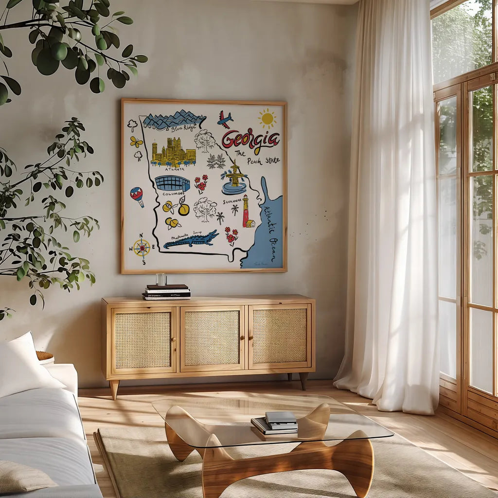 Georgia by Farida Zaman. Shown in a natural wood frame in a cozy modern living room. Available as an archival giclee rolled canvas, fine art paper, or poster print. SKU 87822a.