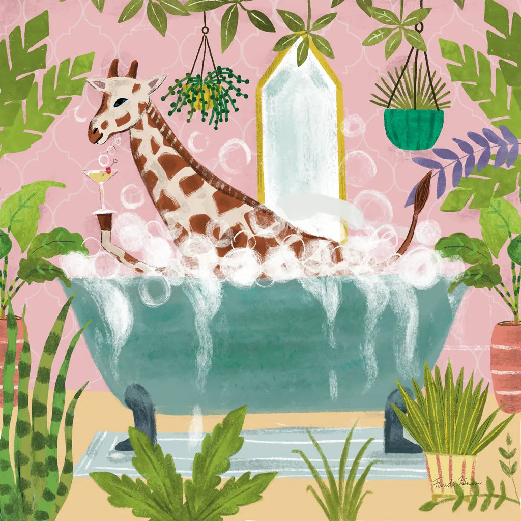 Giraffe in Tub by Farida Zaman. SKU 89248a. Archival Giclee Fine art print for wall decor.