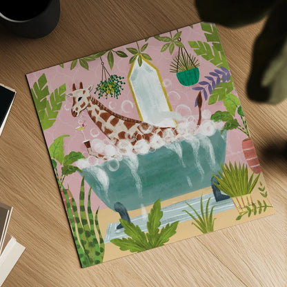 Giraffe in Tub by Farida Zaman. Shown as a detailed flat fine art print, highlighting archival giclee quality. Available as an archival giclee rolled canvas, fine art paper, or poster print. SKU 89248a.