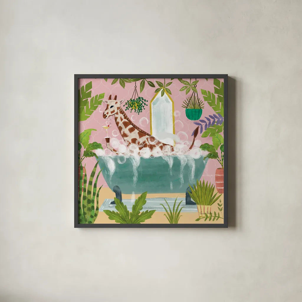 Giraffe in Tub by Farida Zaman. Shown in a sleek black glass frame for a contemporary gallery look. Available as an archival giclee rolled canvas, fine art paper, or poster print. SKU 89248a.