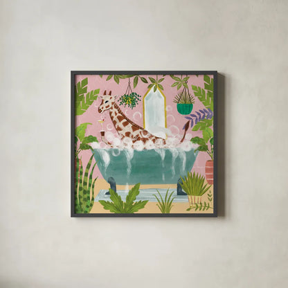 Giraffe in Tub by Farida Zaman. Shown in a sleek black glass frame for a contemporary gallery look. Available as an archival giclee rolled canvas, fine art paper, or poster print. SKU 89248a.