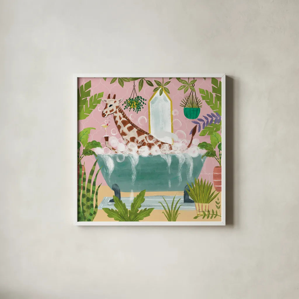Giraffe in Tub by Farida Zaman. Shown in a crisp white glass frame for a clean and minimalist style. Available as an archival giclee rolled canvas, fine art paper, or poster print. SKU 89248a.
