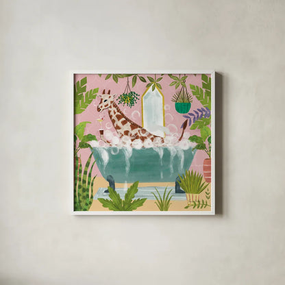 Giraffe in Tub by Farida Zaman. Shown in a crisp white glass frame for a clean and minimalist style. Available as an archival giclee rolled canvas, fine art paper, or poster print. SKU 89248a.