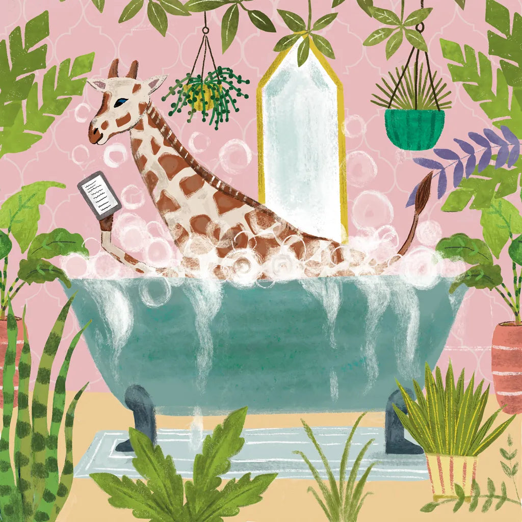Giraffe in Tub No Drink by Farida Zaman. SKU 90045a. Archival Giclee Fine art print for wall decor.