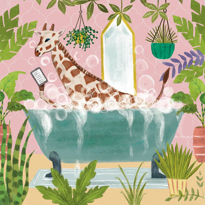 Giraffe in Tub No Drink by Farida Zaman. SKU 90045a. Archival Giclee Fine art print for wall decor.