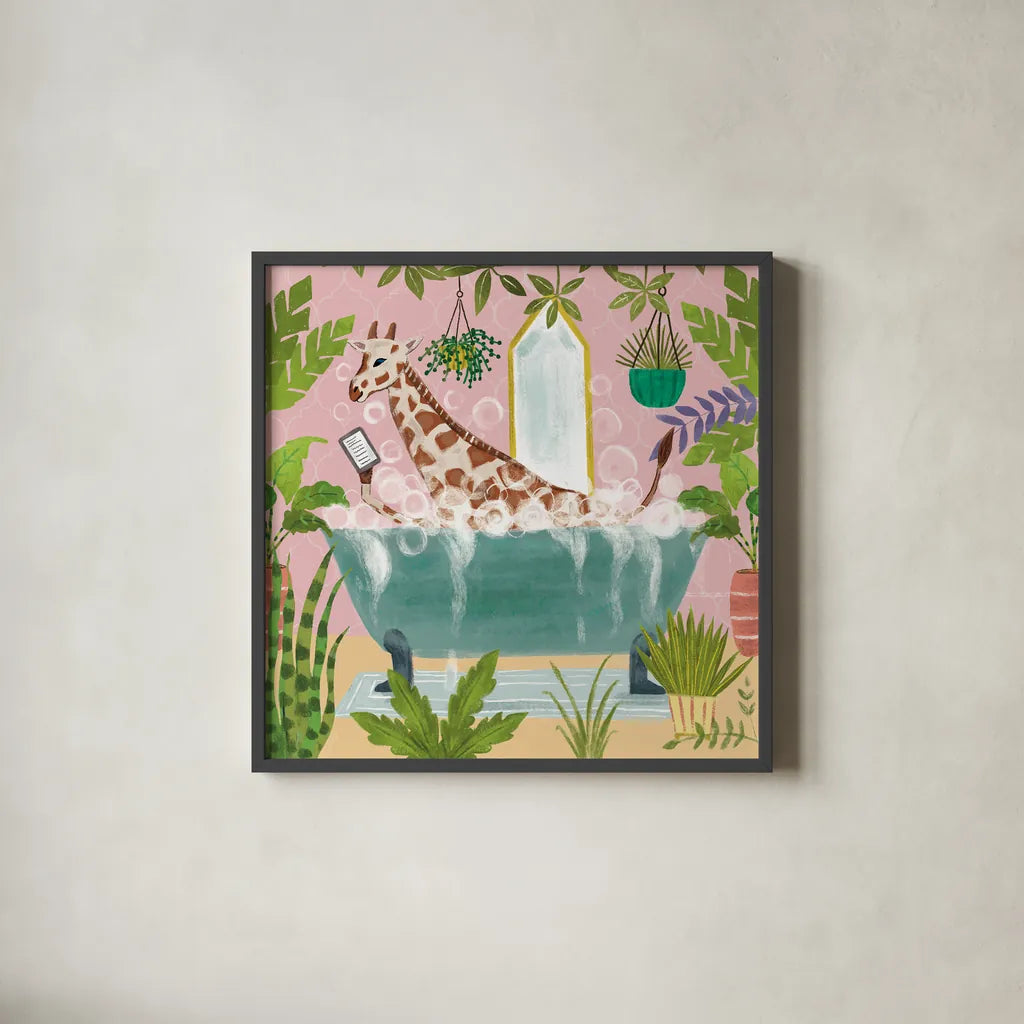 Giraffe in Tub No Drink by Farida Zaman. Shown in a sleek black glass frame for a contemporary gallery look. Available as an archival giclee rolled canvas, fine art paper, or poster print. SKU 90045a.