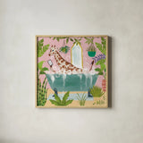 Giraffe in Tub No Drink by Farida Zaman. Shown in a natural wood glass frame for a timeless modern aesthetic. Available as an archival giclee rolled canvas, fine art paper, or poster print. SKU 90045a.
