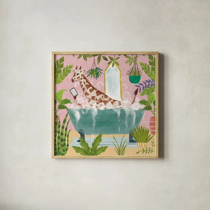 Giraffe in Tub No Drink by Farida Zaman. Shown in a natural wood glass frame for a timeless modern aesthetic. Available as an archival giclee rolled canvas, fine art paper, or poster print. SKU 90045a.