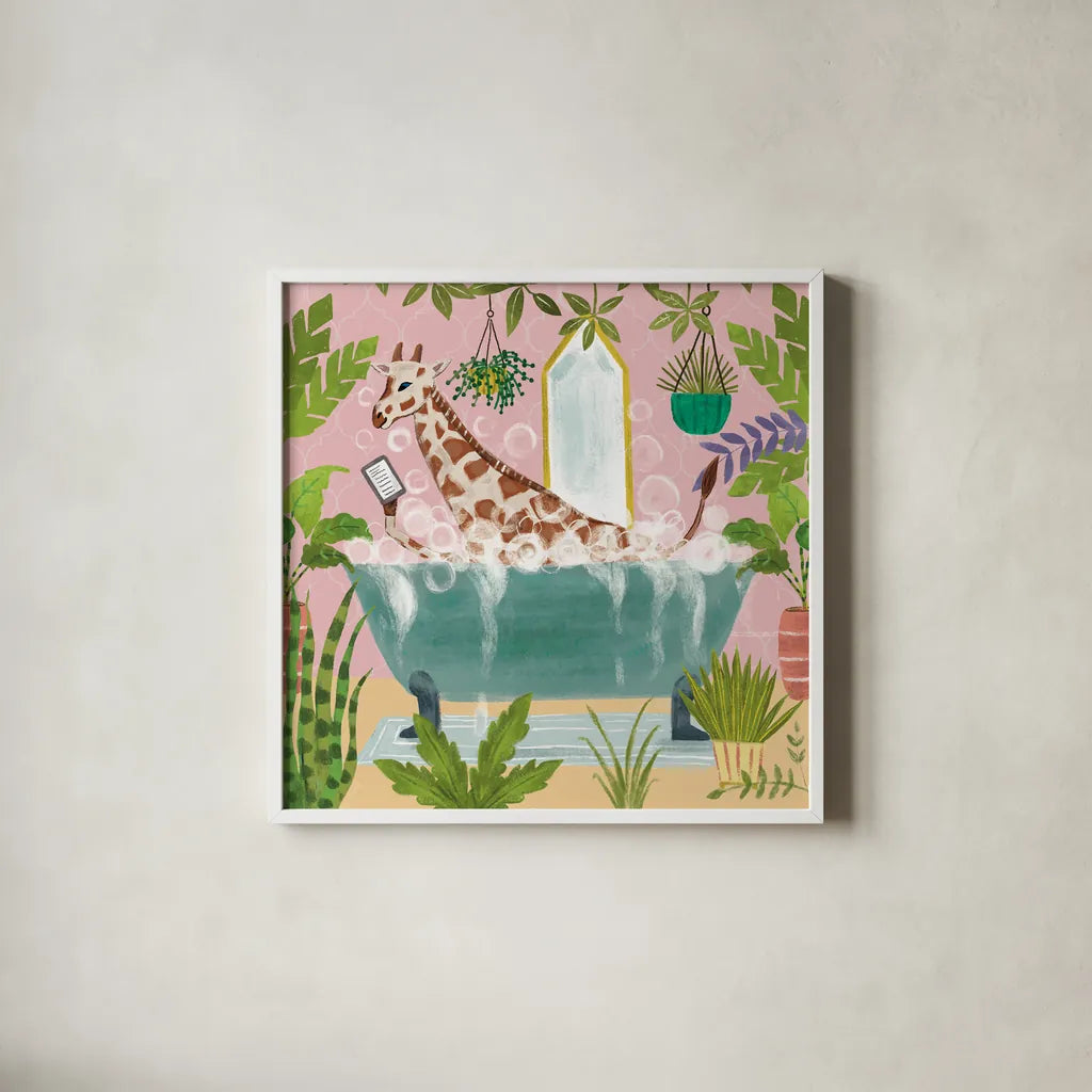 Giraffe in Tub No Drink by Farida Zaman. Shown in a crisp white glass frame for a clean and minimalist style. Available as an archival giclee rolled canvas, fine art paper, or poster print. SKU 90045a.