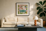 Giraffe in Tub No Drink by Farida Zaman. Displayed in a glass frame with matte in a clean modern living room. Available as an archival giclee rolled canvas, fine art paper, or poster print. SKU 90045a.