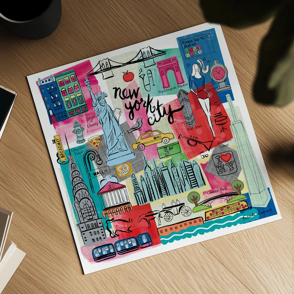 Global Travel I by Farida Zaman. Shown as a detailed flat fine art print, highlighting archival giclee quality. Available as an archival giclee rolled canvas, fine art paper, or poster print. SKU 44985a.