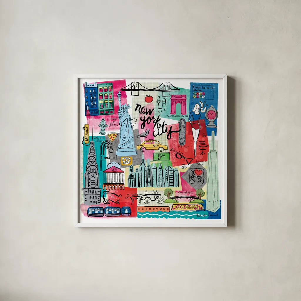 Global Travel I by Farida Zaman. Shown in a crisp white glass frame for a clean and minimalist style. Available as an archival giclee rolled canvas, fine art paper, or poster print. SKU 44985a.