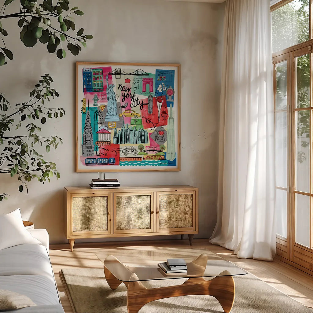 Global Travel I by Farida Zaman. Shown in a natural wood frame in a cozy modern living room. Available as an archival giclee rolled canvas, fine art paper, or poster print. SKU 44985a.