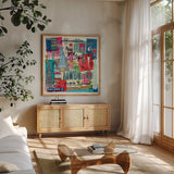 Global Travel I by Farida Zaman. Shown in a natural wood frame in a cozy modern living room. Available as an archival giclee rolled canvas, fine art paper, or poster print. SKU 44985a.
