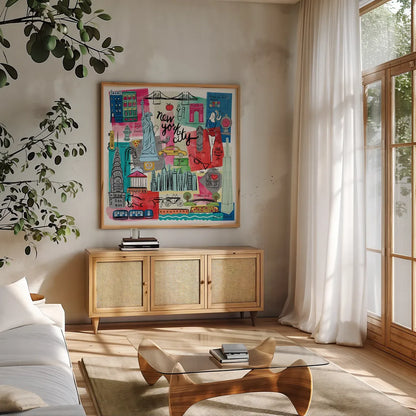 Global Travel I by Farida Zaman. Shown in a natural wood frame in a cozy modern living room. Available as an archival giclee rolled canvas, fine art paper, or poster print. SKU 44985a.