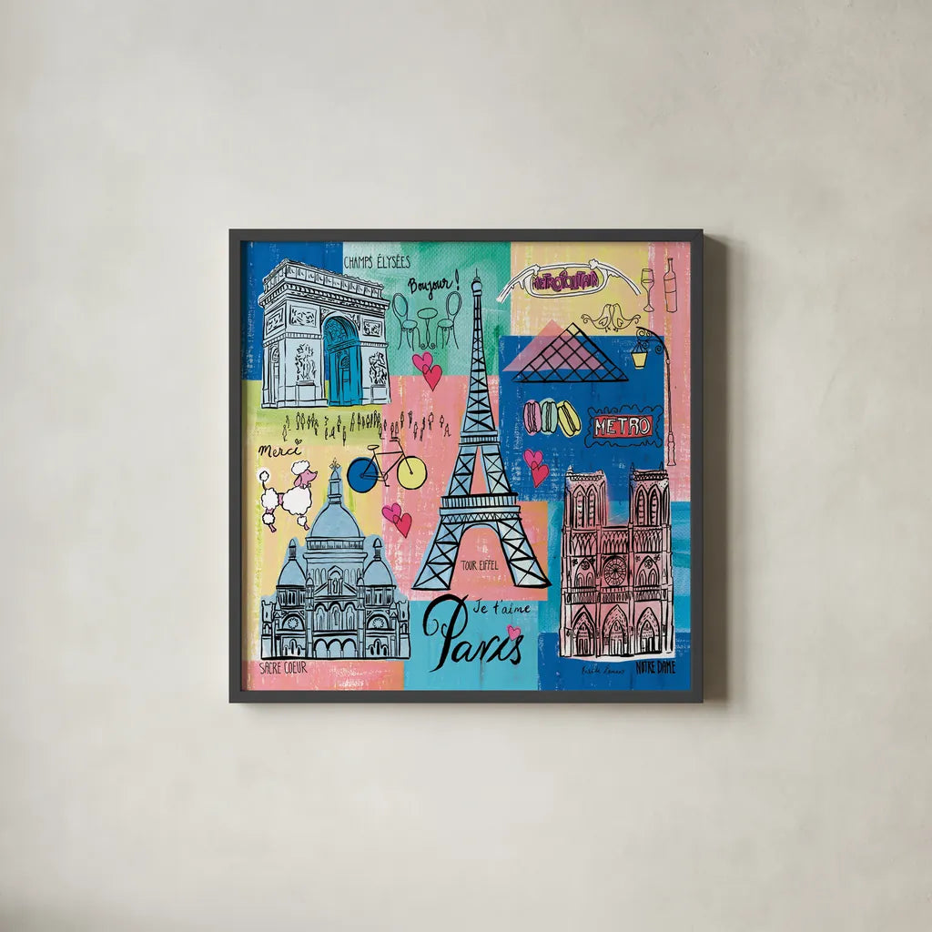 Global Travel II by Farida Zaman. Shown in a sleek black glass frame for a contemporary gallery look. Available as an archival giclee rolled canvas, fine art paper, or poster print. SKU 44986a.