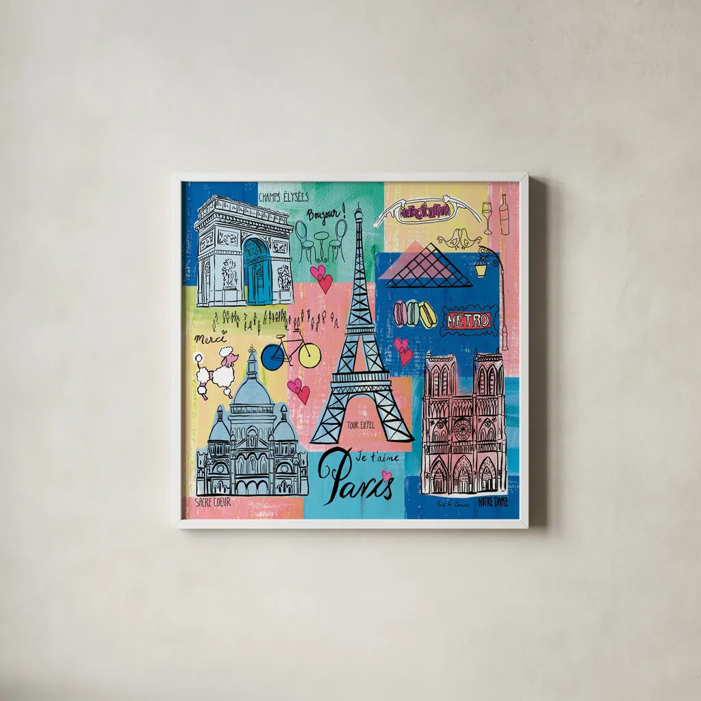 Global Travel II by Farida Zaman. Shown in a crisp white glass frame for a clean and minimalist style. Available as an archival giclee rolled canvas, fine art paper, or poster print. SKU 44986a.