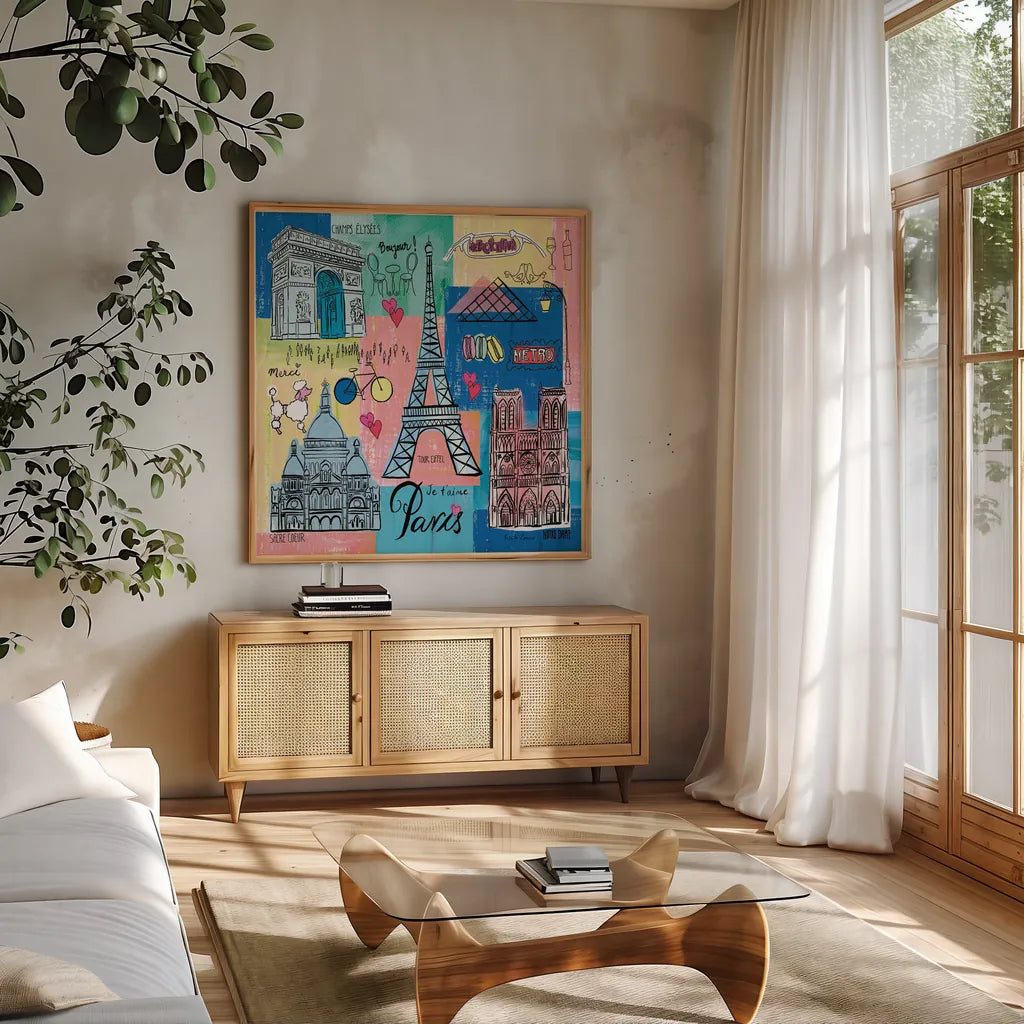 Global Travel II by Farida Zaman. Shown in a natural wood frame in a cozy modern living room. Available as an archival giclee rolled canvas, fine art paper, or poster print. SKU 44986a.