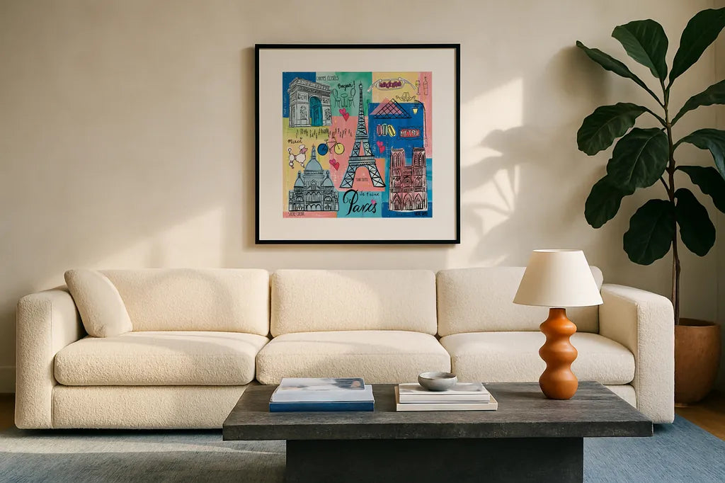 Global Travel II by Farida Zaman. Displayed in a glass frame with matte in a clean modern living room. Available as an archival giclee rolled canvas, fine art paper, or poster print. SKU 44986a.