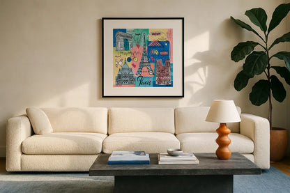 Global Travel II by Farida Zaman. Displayed in a glass frame with matte in a clean modern living room. Available as an archival giclee rolled canvas, fine art paper, or poster print. SKU 44986a.