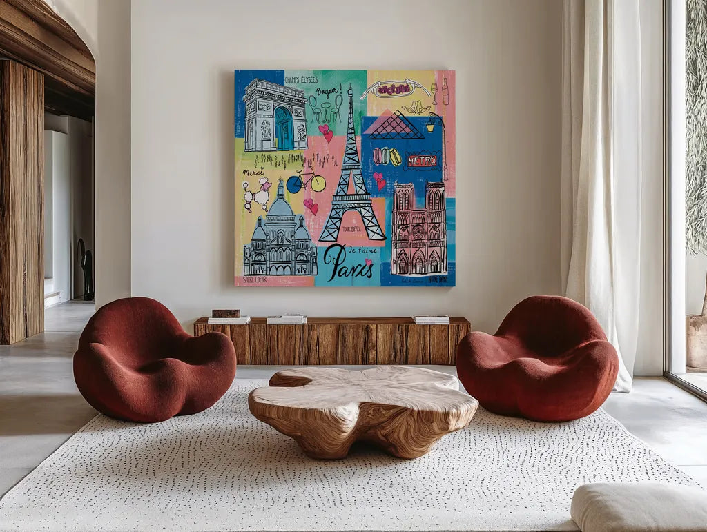 Global Travel II by Farida Zaman. Shown as extra-large giant wall art in a modern living room. Available as an archival giclee rolled canvas, fine art paper, or poster print. SKU 44986a.