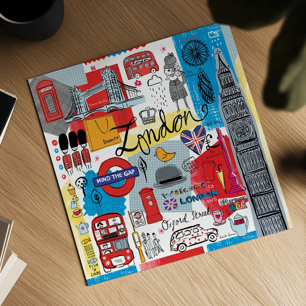 Global Travel III by Farida Zaman. Shown as a detailed flat fine art print, highlighting archival giclee quality. Available as an archival giclee rolled canvas, fine art paper, or poster print. SKU 44987a.