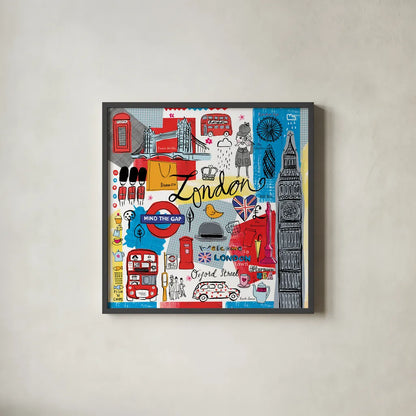 Global Travel III by Farida Zaman. Shown in a sleek black glass frame for a contemporary gallery look. Available as an archival giclee rolled canvas, fine art paper, or poster print. SKU 44987a.