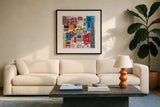 Global Travel III by Farida Zaman. Displayed in a glass frame with matte in a clean modern living room. Available as an archival giclee rolled canvas, fine art paper, or poster print. SKU 44987a.