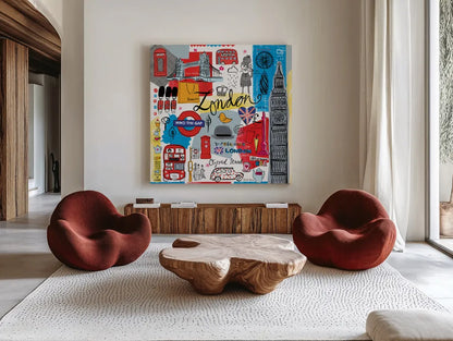 Global Travel III by Farida Zaman. Shown as extra-large giant wall art in a modern living room. Available as an archival giclee rolled canvas, fine art paper, or poster print. SKU 44987a.