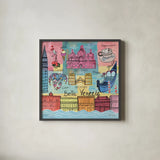 Global Travel IV by Farida Zaman. Shown in a sleek black glass frame for a contemporary gallery look. Available as an archival giclee rolled canvas, fine art paper, or poster print. SKU 44988a.