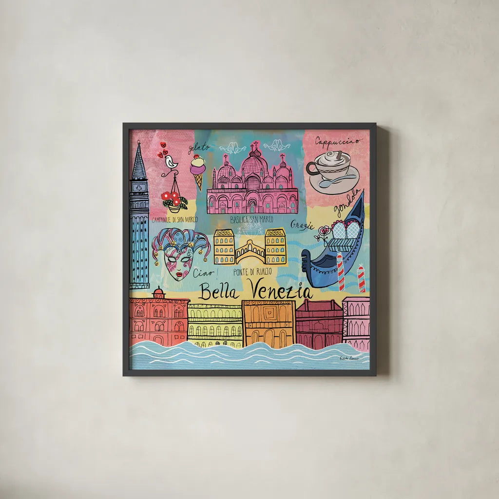 Global Travel IV by Farida Zaman. Shown in a sleek black glass frame for a contemporary gallery look. Available as an archival giclee rolled canvas, fine art paper, or poster print. SKU 44988a.