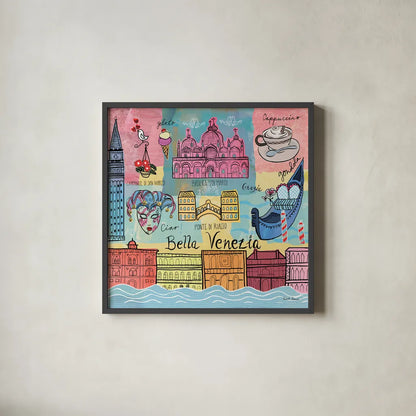 Global Travel IV by Farida Zaman. Shown in a sleek black glass frame for a contemporary gallery look. Available as an archival giclee rolled canvas, fine art paper, or poster print. SKU 44988a.