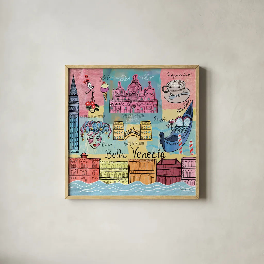 Global Travel IV by Farida Zaman. Shown in a natural wood glass frame for a timeless modern aesthetic. Available as an archival giclee rolled canvas, fine art paper, or poster print. SKU 44988a.