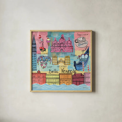 Global Travel IV by Farida Zaman. Shown in a natural wood glass frame for a timeless modern aesthetic. Available as an archival giclee rolled canvas, fine art paper, or poster print. SKU 44988a.