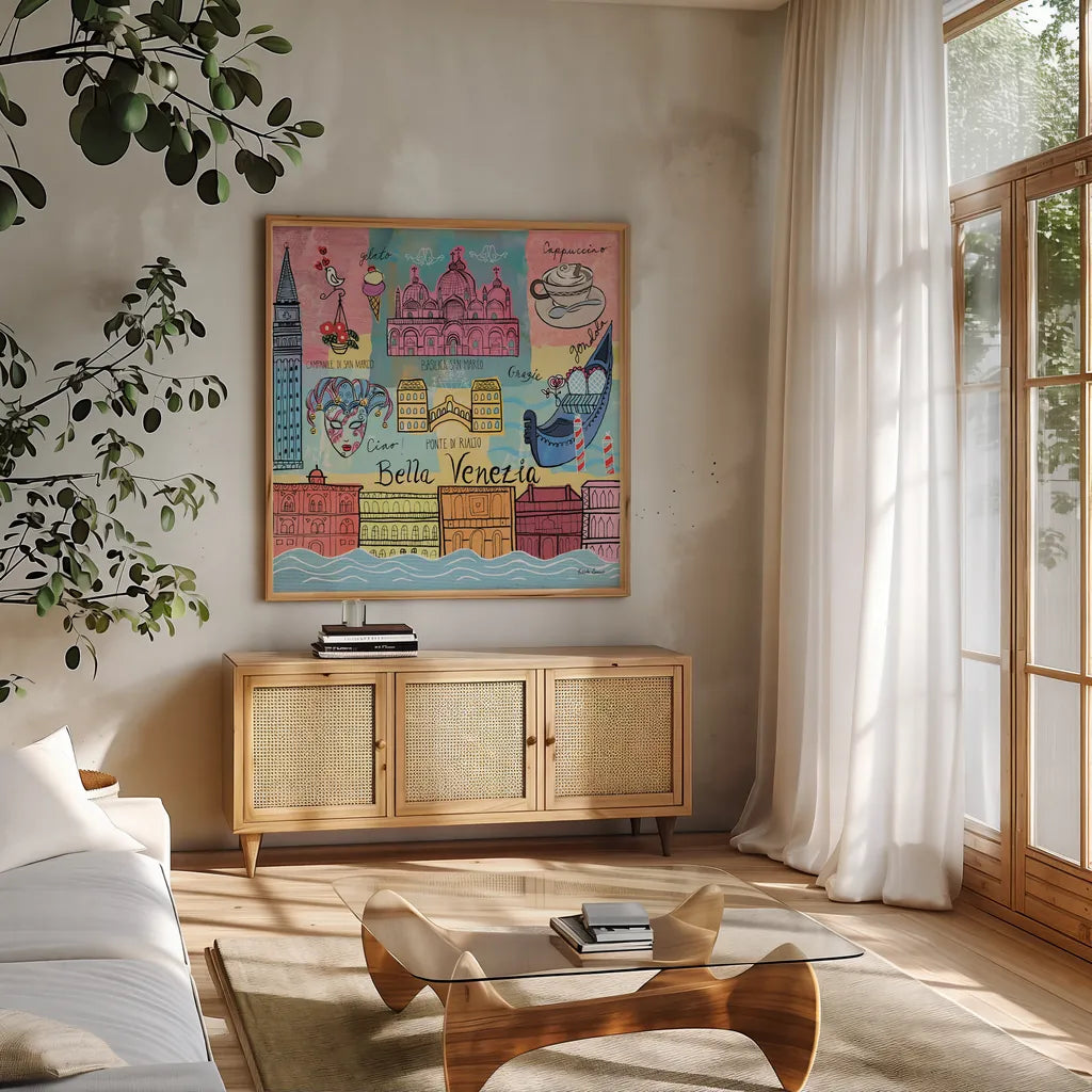 Global Travel IV by Farida Zaman. Shown in a natural wood frame in a cozy modern living room. Available as an archival giclee rolled canvas, fine art paper, or poster print. SKU 44988a.