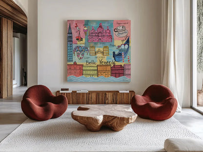 Global Travel IV by Farida Zaman. Shown as extra-large giant wall art in a modern living room. Available as an archival giclee rolled canvas, fine art paper, or poster print. SKU 44988a.