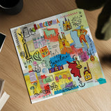 Global Travel IX by Farida Zaman. Shown as a detailed flat fine art print, highlighting archival giclee quality. Available as an archival giclee rolled canvas, fine art paper, or poster print. SKU 44993a.