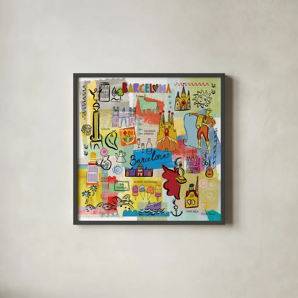 Global Travel IX by Farida Zaman. Shown in a sleek black glass frame for a contemporary gallery look. Available as an archival giclee rolled canvas, fine art paper, or poster print. SKU 44993a.