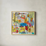 Global Travel IX by Farida Zaman. Shown in a natural wood glass frame for a timeless modern aesthetic. Available as an archival giclee rolled canvas, fine art paper, or poster print. SKU 44993a.