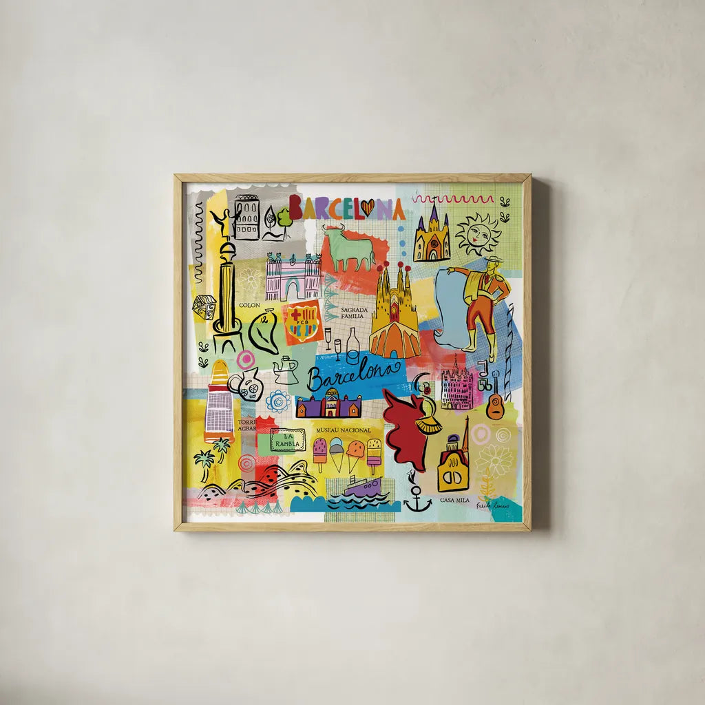 Global Travel IX by Farida Zaman. Shown in a natural wood glass frame for a timeless modern aesthetic. Available as an archival giclee rolled canvas, fine art paper, or poster print. SKU 44993a.