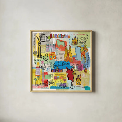 Global Travel IX by Farida Zaman. Shown in a natural wood glass frame for a timeless modern aesthetic. Available as an archival giclee rolled canvas, fine art paper, or poster print. SKU 44993a.