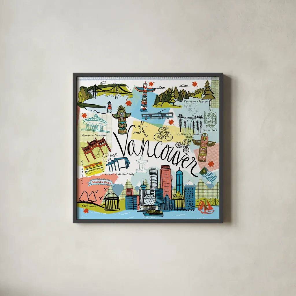 Global Travel V by Farida Zaman. Shown in a sleek black glass frame for a contemporary gallery look. Available as an archival giclee rolled canvas, fine art paper, or poster print. SKU 44989a.