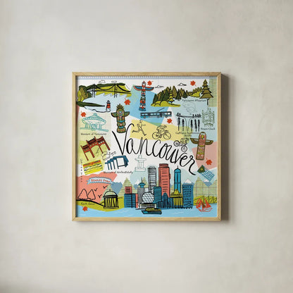 Global Travel V by Farida Zaman. Shown in a natural wood glass frame for a timeless modern aesthetic. Available as an archival giclee rolled canvas, fine art paper, or poster print. SKU 44989a.