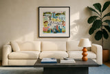 Global Travel V by Farida Zaman. Displayed in a glass frame with matte in a clean modern living room. Available as an archival giclee rolled canvas, fine art paper, or poster print. SKU 44989a.