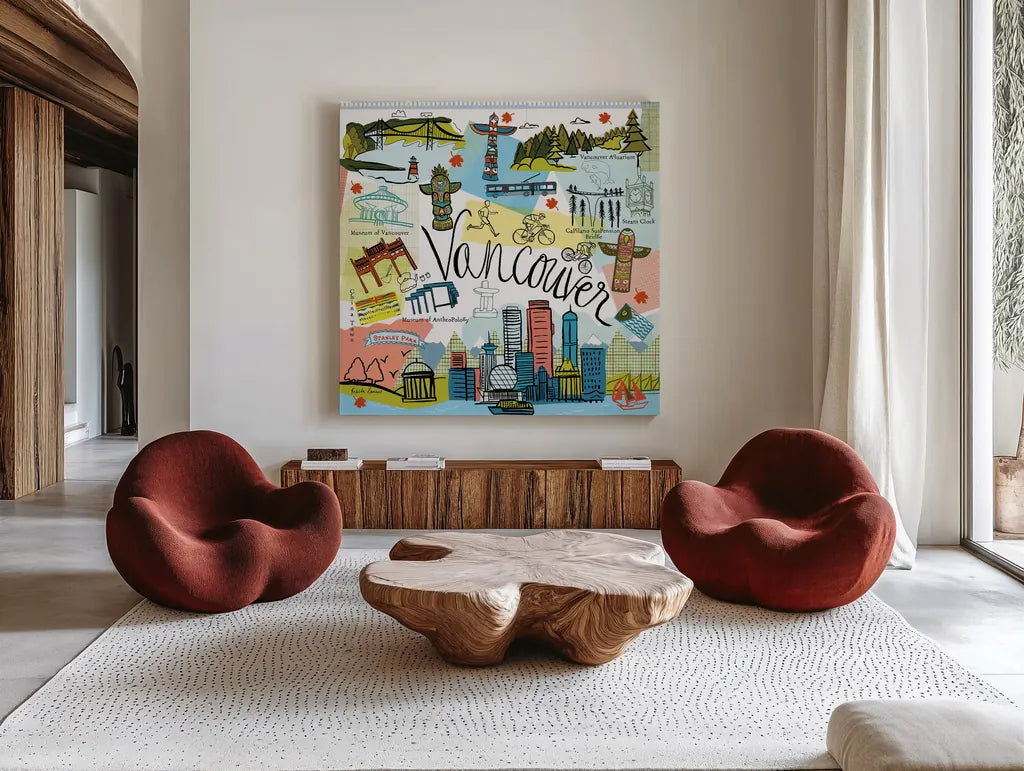 Global Travel V by Farida Zaman. Shown as extra-large giant wall art in a modern living room. Available as an archival giclee rolled canvas, fine art paper, or poster print. SKU 44989a.