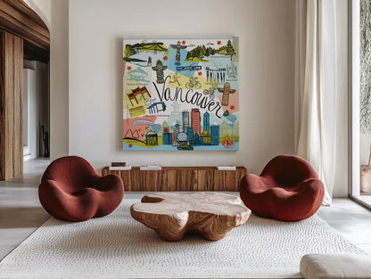 Global Travel V by Farida Zaman. Shown as extra-large giant wall art in a modern living room. Available as an archival giclee rolled canvas, fine art paper, or poster print. SKU 44989a.