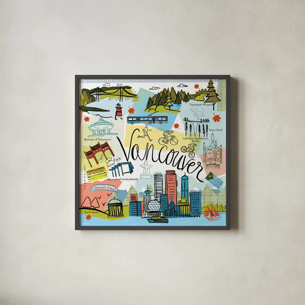 Global Travel V v2 by Farida Zaman. Shown in a sleek black glass frame for a contemporary gallery look. Available as an archival giclee rolled canvas, fine art paper, or poster print. SKU 51502a.