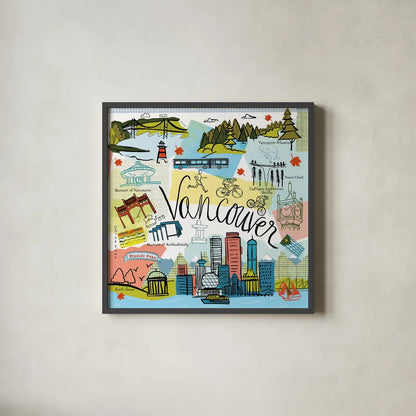 Global Travel V v2 by Farida Zaman. Shown in a sleek black glass frame for a contemporary gallery look. Available as an archival giclee rolled canvas, fine art paper, or poster print. SKU 51502a.